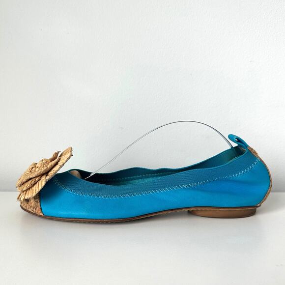 CHANEL Camellia Turquoise Leather Cork Cap Toe CC Logo Ballet Flats IT 37.5 C - Picture 3 of 16